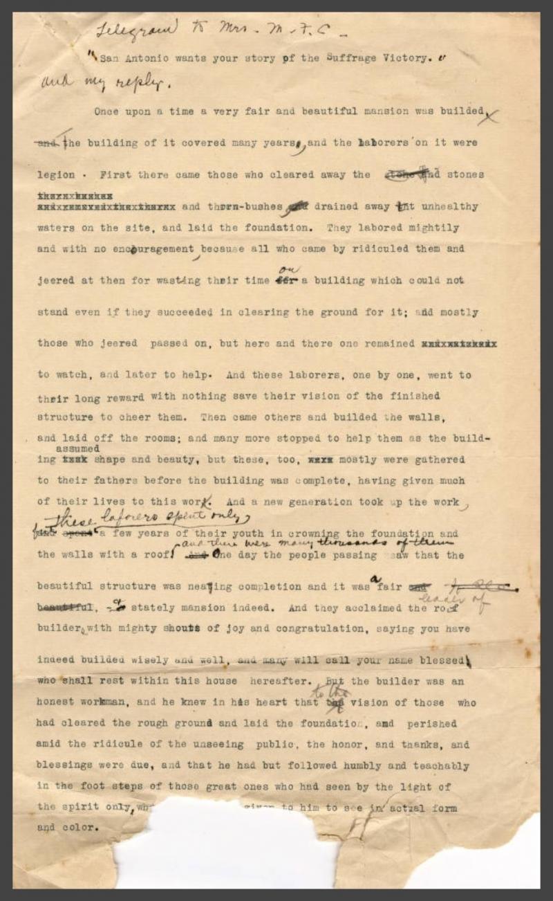 Typoskript von Minnie Fisher Cunningham: Story of the Suffrage Victory. University of Houston Digital Library. Public Domain.