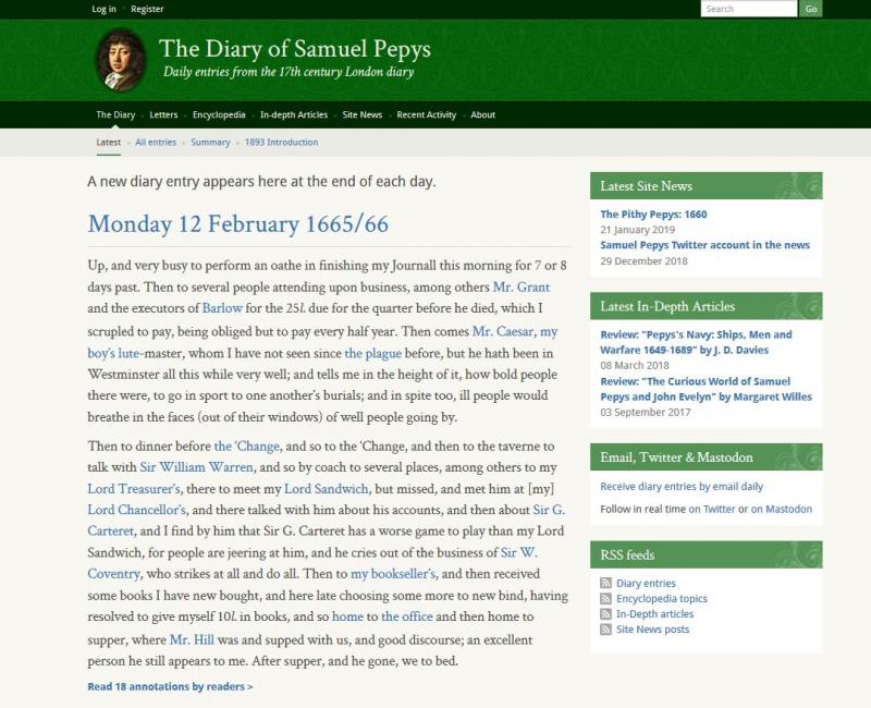 Screenshot des Tagebuchs von Samuel Pepys (entnommen aus https://www.pepysdiary.com/) als Beispiel für eine Leseediton