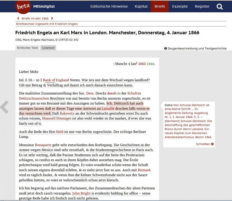 Screenshot eines Briefs aus der Marx-Engels-Gesamtausgabe digital (http://megadigital.bbaw.de) als Beispiel für eine Studienausgabe